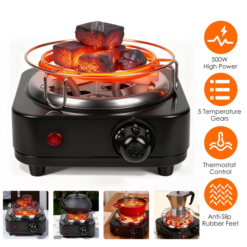 Electric Charcoal Burner 500W Hookah Charcoal Burner Compact Coal Burner for Hooka Cubes Shisha with Grill and Tongs 5 Temperature Gears 338°F-1022°F Thermostat Control