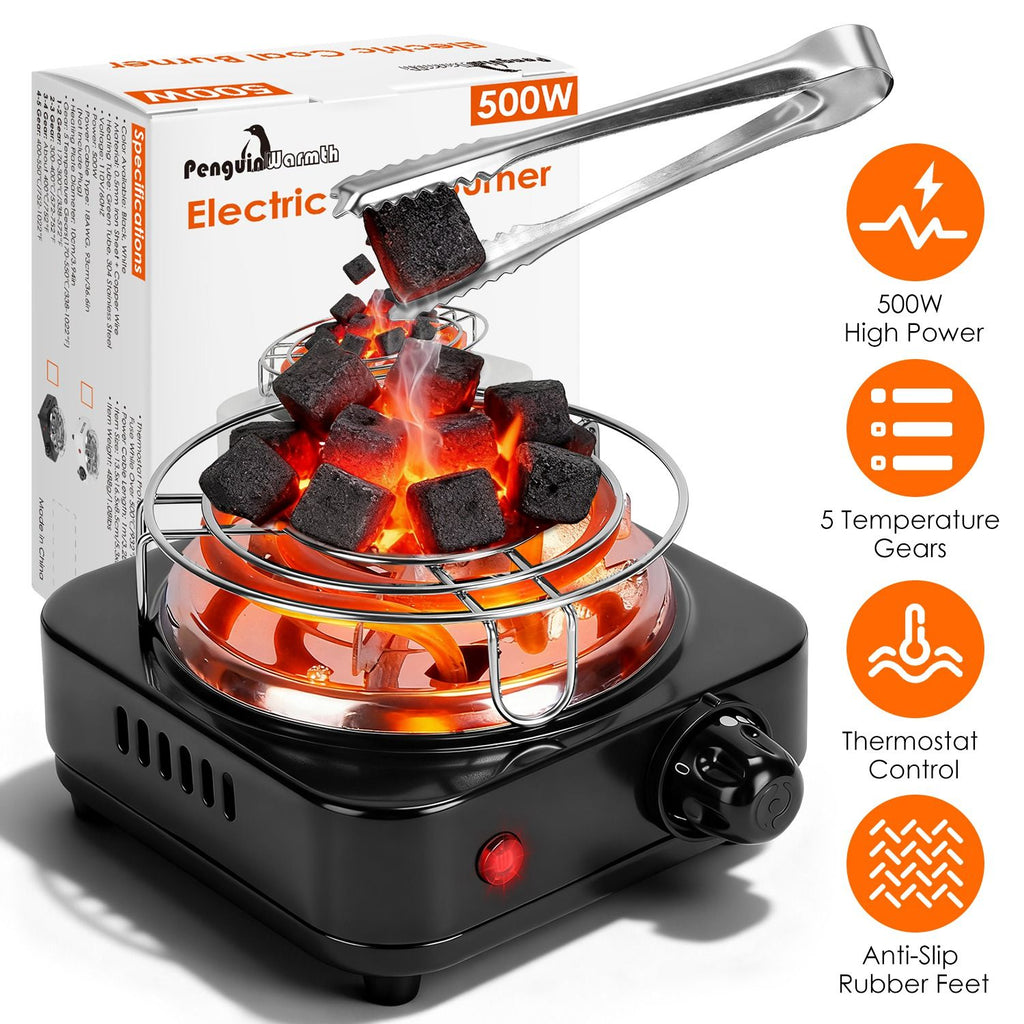 Electric Charcoal Burner 500W Hookah Charcoal Burner Compact Coal Burner for Hooka Cubes Shisha with Grill and Tongs 5 Temperature Gears Thermostat Control