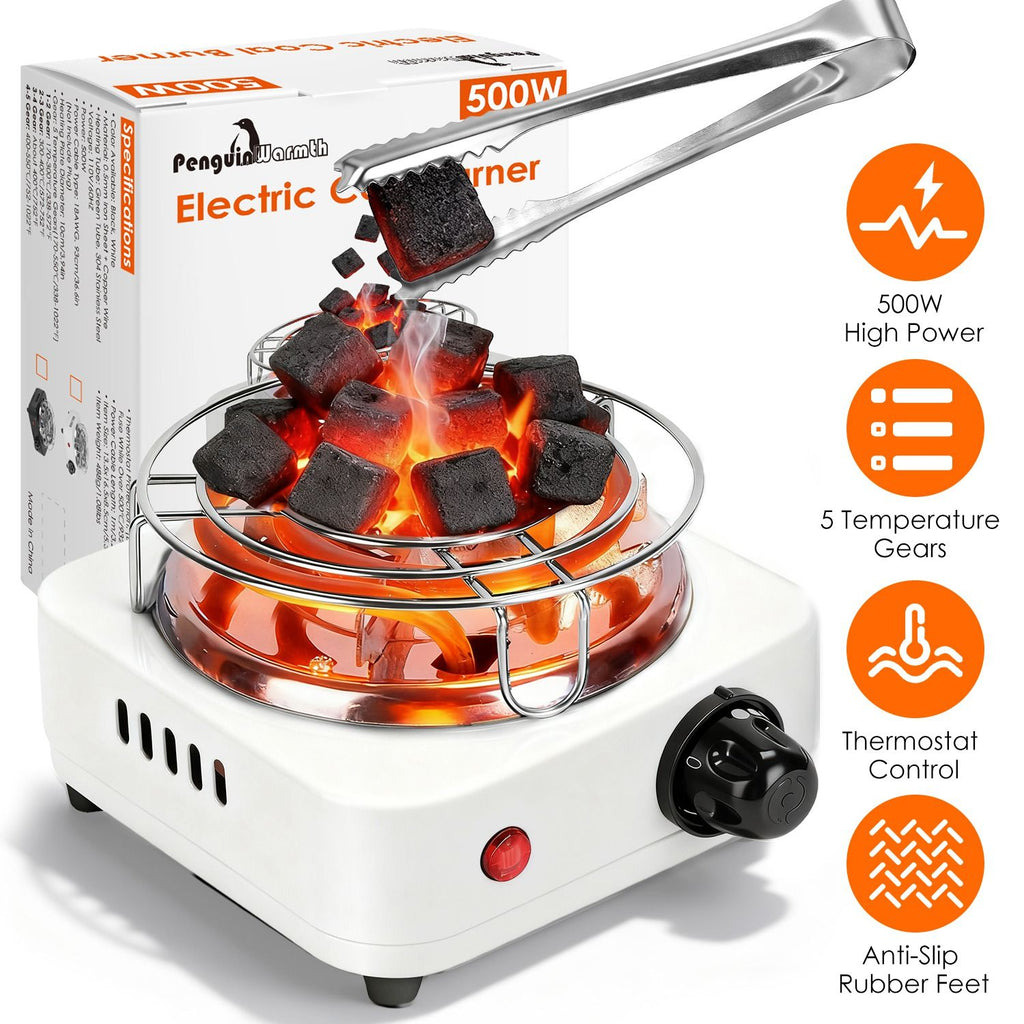 Electric Charcoal Burner 500W Hookah Charcoal Burner Compact Coal Burner for Hooka Cubes Shisha with Grill and Tongs 5 Temperature Gears Thermostat Control