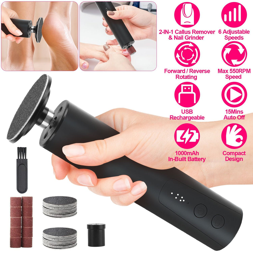 Electric Foot Callus Remover 2 in 1 Rechargeable Foot File Nail Grinder Dead Skin Pedicure Tool Machine with 2 Grinding Heads Total 30Pcs Replaceable Sandpapers for Men Women
