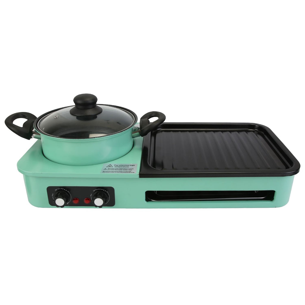 Electric Grill and Hot Pot Combo - 1600W Smokeless Korean BBQ Grill with Dual-Zone Cooking Non-Stick Surface & Adjustable Temp Control for 3-6 People Indoor/Outdoor Use
