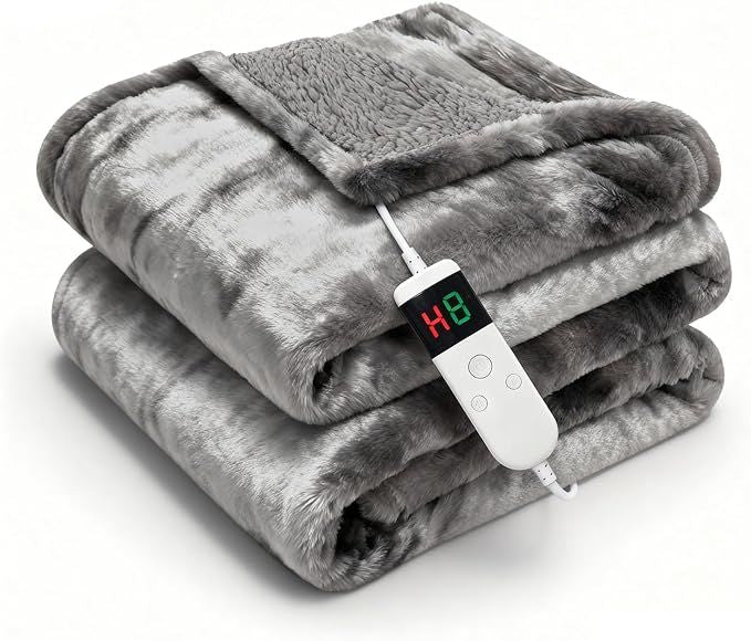 Electric Heated Blanket Throw 50''x60''Size Faux Fur Heating Blanket 10 Heating Settings, 1-8h Timer & Overheat Protection, Machine Washable, Soft Flannel and Sherpa Full Body Warmth