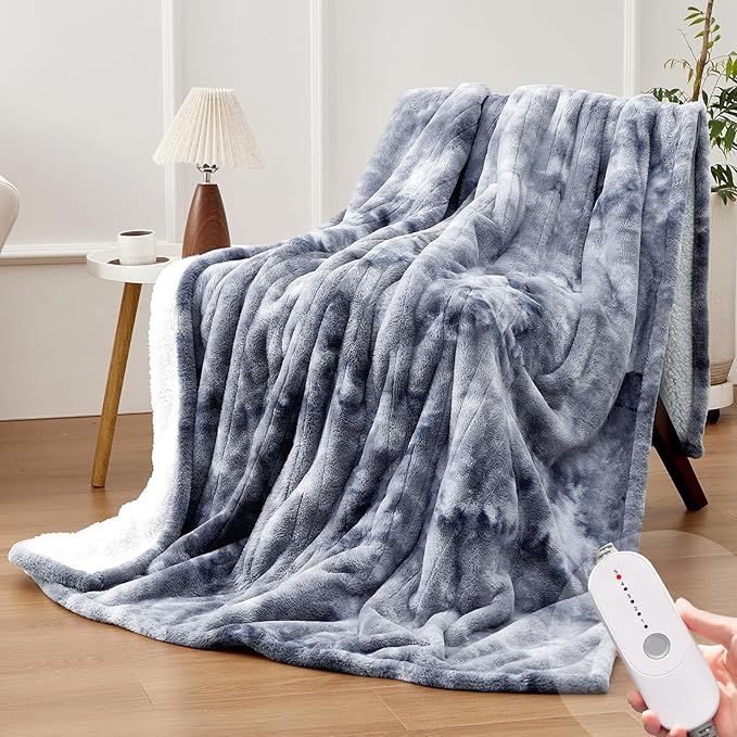 Electric Heated Throw Blanket 50''x60'' - Soft Thick Faux Fur Heating Blanket with 5 Heat Levels & Auto-Off 3 Hrs, Fluffy Flannel Warm Blankets for Winter Couch Bed,ETL Certification, Grey