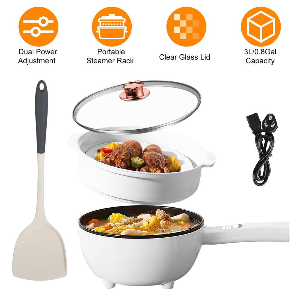Electric Hot Pot Non-Stick Frying Pan Portable Rapid Noodles Cooker with Long Handle Steamer Spatula Dual Power Control Overheat Dry-Boil Protection for College Dorm Room Essential GPCT5386