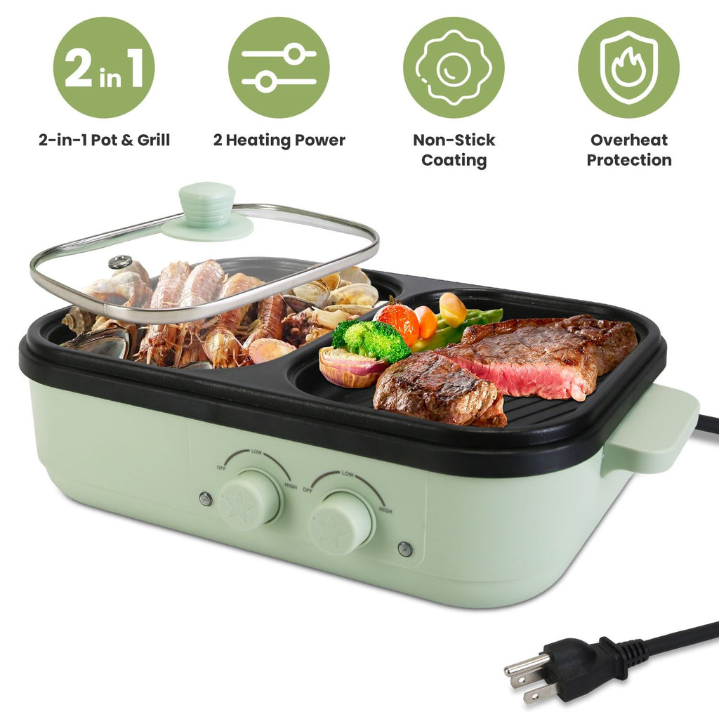 Electric Hot Pot with Grill 2-in-1 Hot Pot and Frying Pan Portable Non-Stick Pot and Griddle Electric Cooker Pot with Glass Lid Fast Heating for 1-2 People BBQ Steaks Noodles GPCT5335