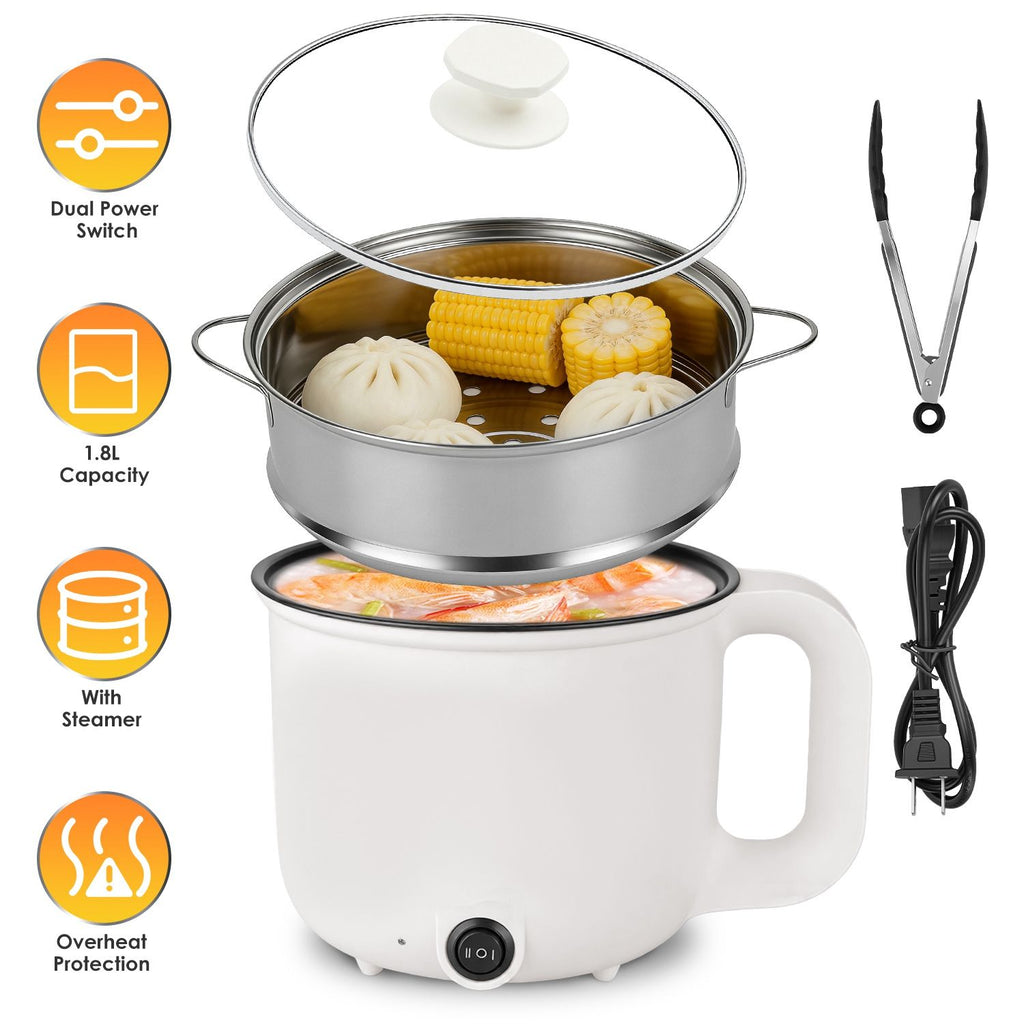 Electric Hot Pot with Steamer 1.8L Mini Portable Hot Pot with 300W 600W Dual Power for Egg Fried Rice Ramen Oatmeal Soup Overheat Protection for College Dorm Room Essential