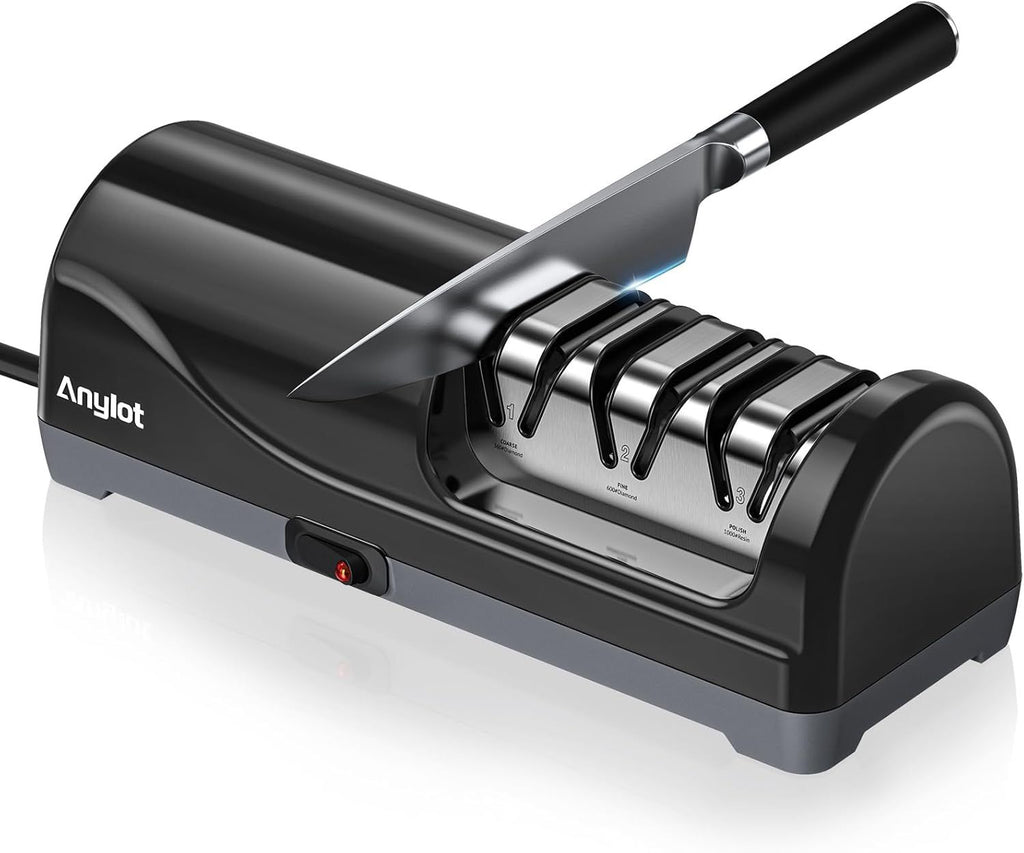 Electric Knife Sharpener for Kitchen, 3-Stage Knife Sharpener Electric with 100% Diamond Abrasives, 20° Precision Angle Guide, Fast & Safe Sharpening for Chef Knives, Home Use & Beginners (Black)