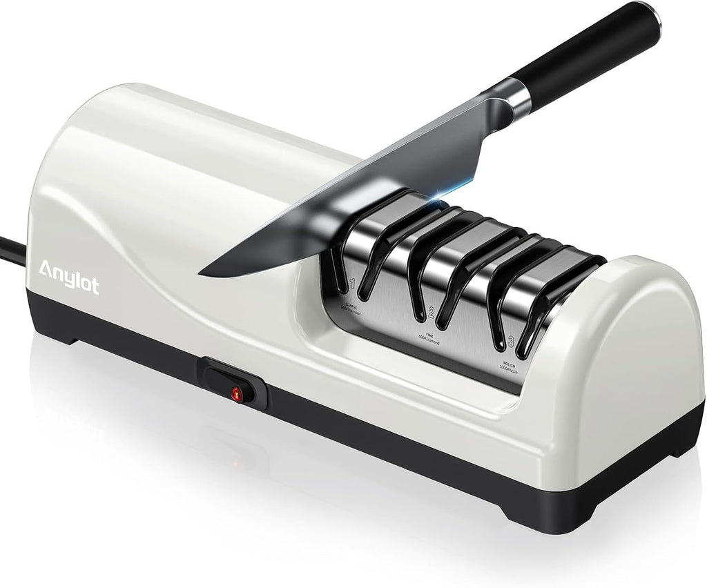 Electric Knife Sharpener for Kitchen, 3-Stage Knife Sharpener Electric with 100% Diamond Abrasives, 20° Precision Angle Guide, Fast & Safe Sharpening for Chef Knives, Home Use & Beginners (Black)