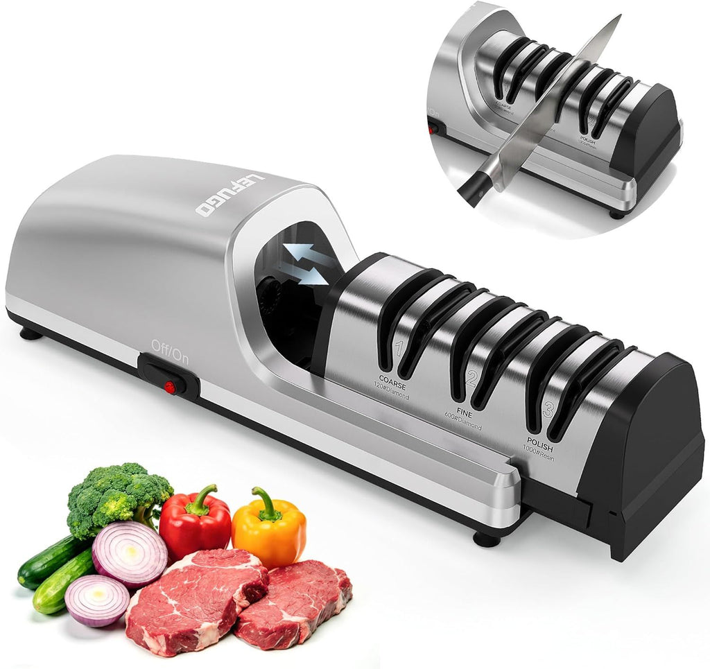 Electric Knife Sharpener for Kitchen Knives, Detachable Sharpening Head, 3-Stage Knife Sharpener Electric, 100% Diamond Abrasive, 15-Degree Precision Angle, Fast Sharpening, Polish