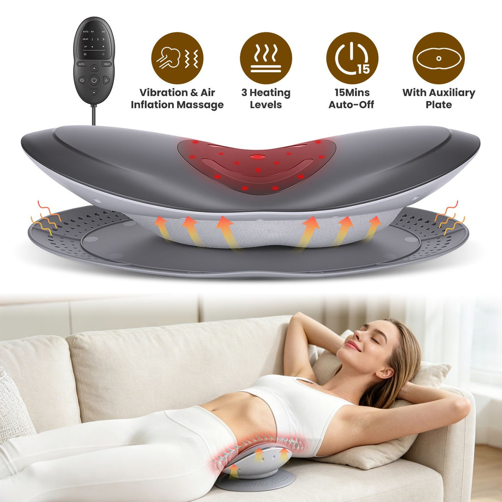 Electric Lumbar Traction Device for Lower Back Support Rechargeable Back Stretcher with Air Pressure Traction Vibration Massage Heat Soothing Red Blue Light 15-Min Auto Timer