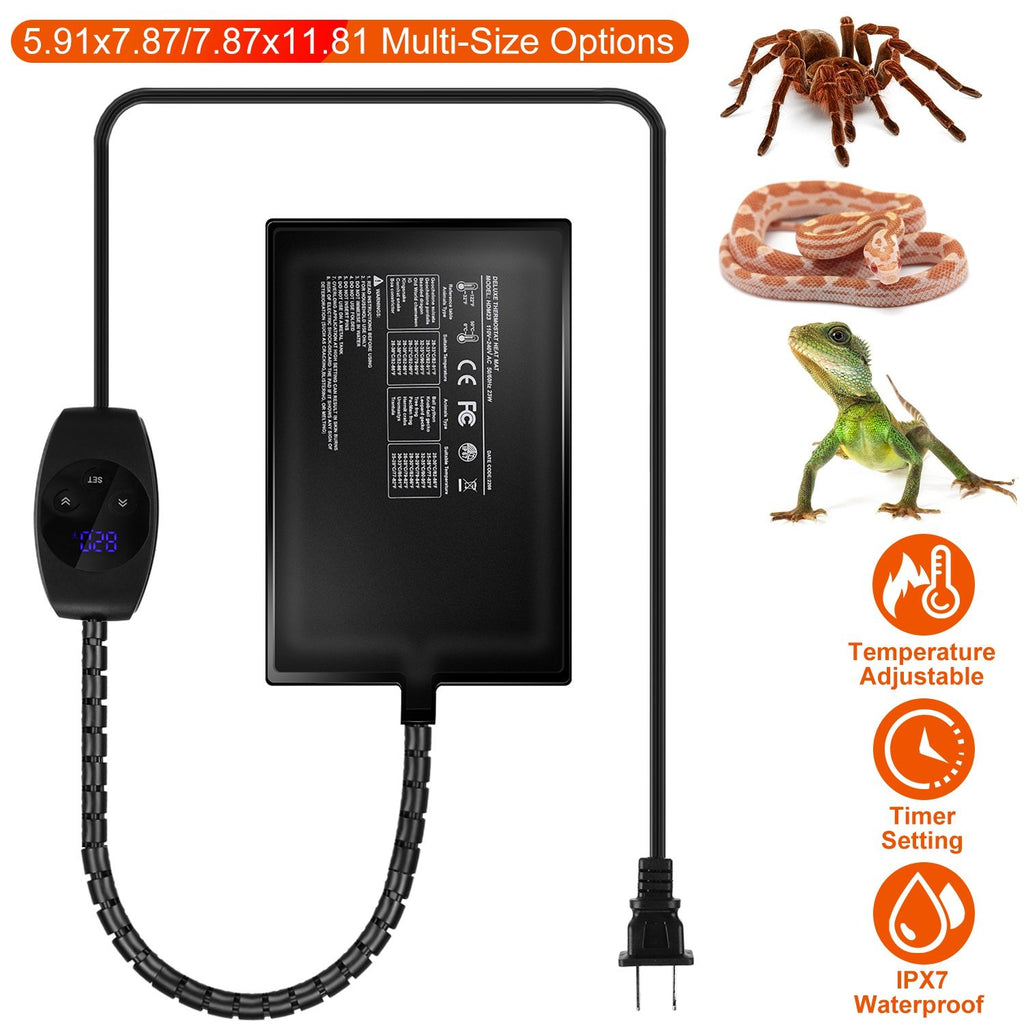 Electric Reptile Heating Pad With Temperature Adjustment IPX7 Waterproof Timer Setting Under Tank Heating Mat for Lizards Turtles Snake Spider Small Animal