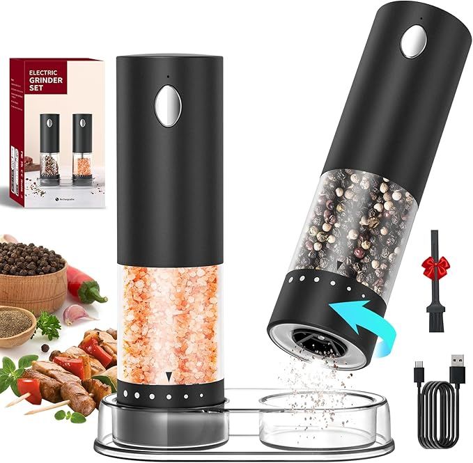 Electric Salt and Pepper Grinder Set Rechargeable Salt and Pepper Mills with 6-Level External Adjustable Coarseness, White LED Light and Storage Base, Black