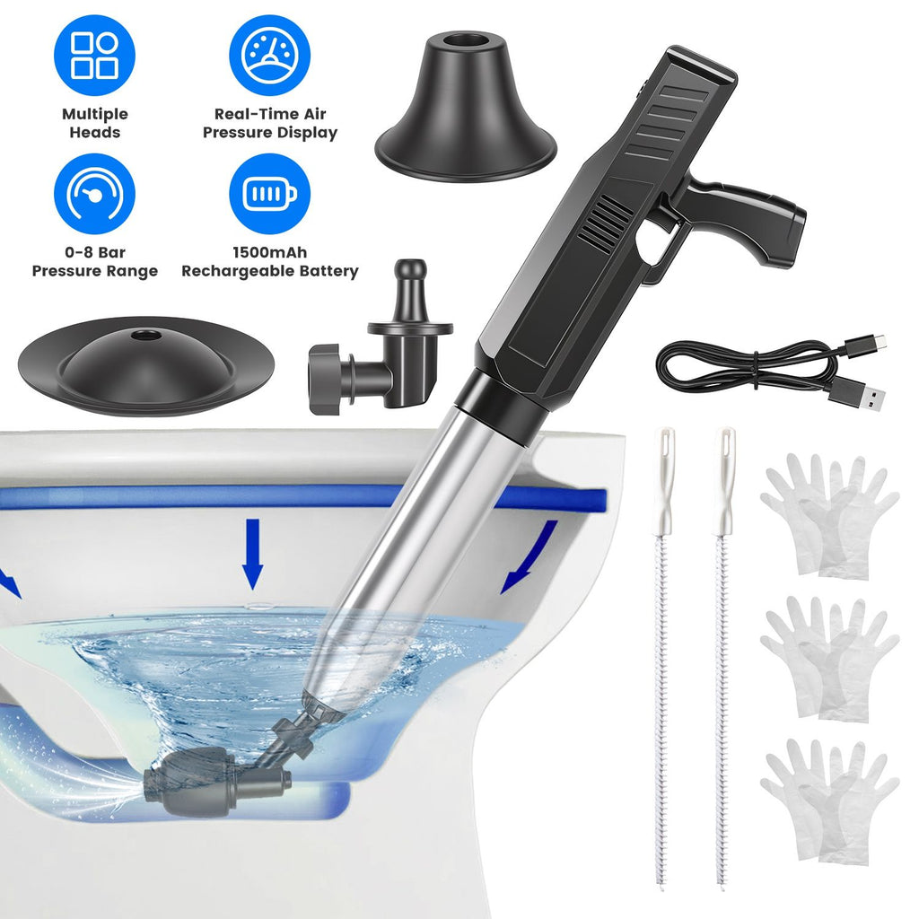 Electric Toilet Plunger with Air Pressure Gauge Rechargeable Drain Clog Remover with 3 Plunger Heads 0-8 Bar High Pressure Air Drain Blaster for Toilet Sink Floor Drain Type-C Charging