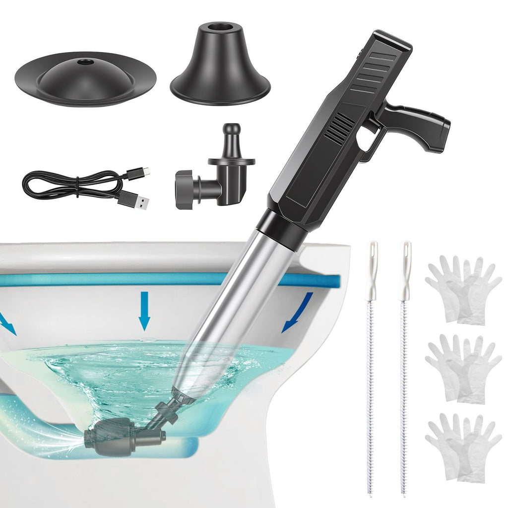 Electric Toilet Plunger with Air Pressure Gauge Rechargeable Drain Clog Remover with 3 Plunger Heads 0-8 Bar High Pressure Air Drain Blaster for Toilet