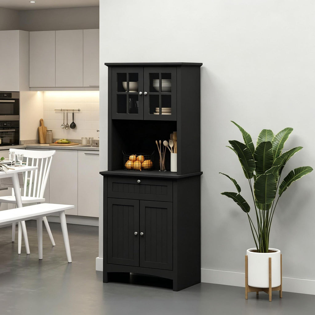 Elegant Black Buffet with  Kitchen Pantry Storage Cabinet Framed Glass Door Drawer Microwave Space
