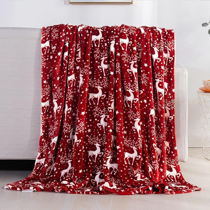 Elegant Comfort Velvet Touch Ultra Plush Christmas Holiday Printed Fleece Throw/Blanket - 50 inches x 60 inches, (Reindeer Stars)