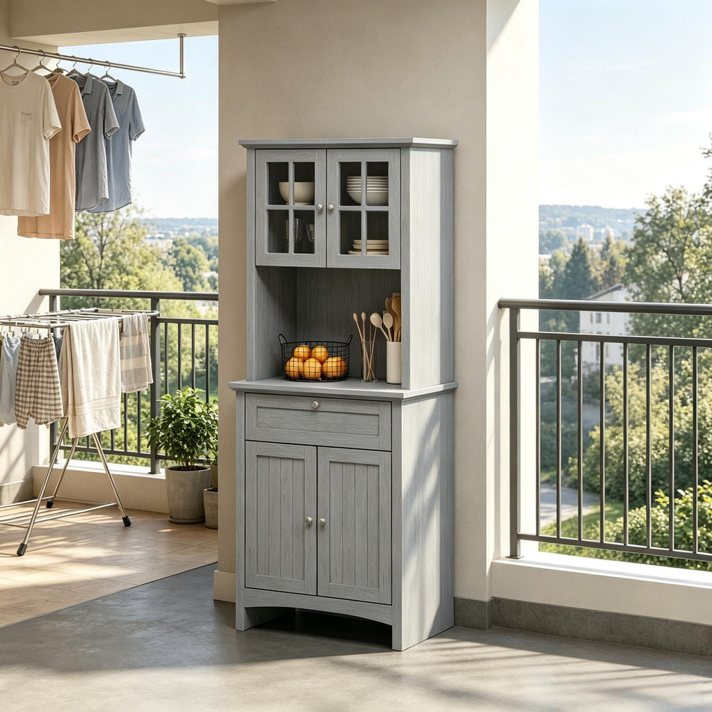 Elegant Gray Buffet with Hutch Kitchen Pantry Storage Cabinet Featuring Framed Glass Door Drawer And Microwave Space
