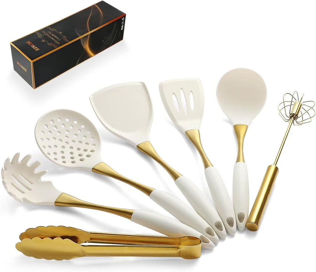 Elegant White Gold Silicone Cooking Utensils Set - Non-Toxic, Dishwasher Safe Kitchen Utensils Set with Heat Resistant Comfort Handles - Includes Spatula & Spoon for Nonstick Cookware
.