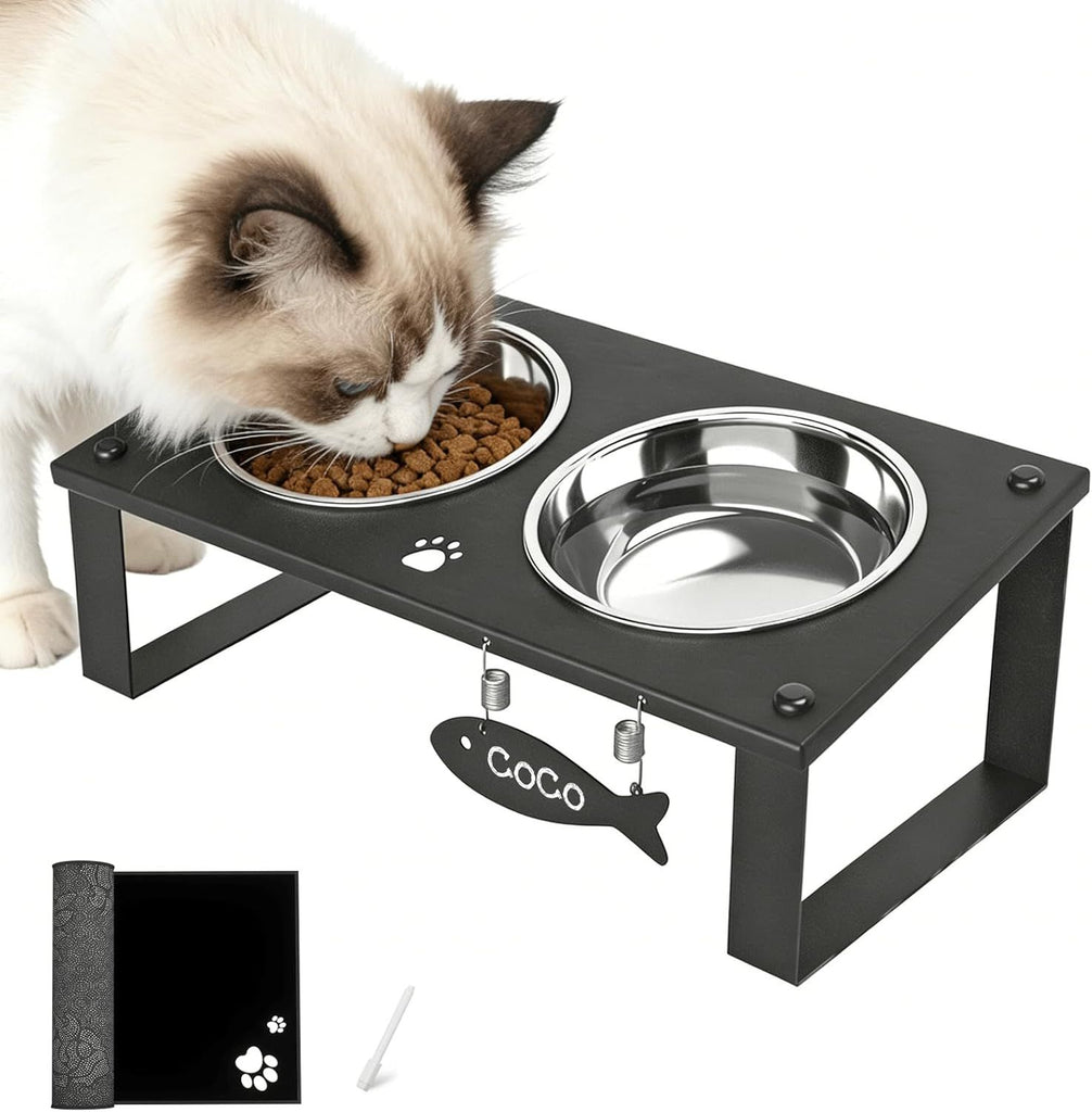 Elevated Cat Bowls with Splash Proof Mat for Kitten Puppy, 10° Tilted Raised Cat Bowl Stand Anti-Vomiting, 2 Wide Shallow Stainless Steel Bowls, Whisker Friendly, 3.5" Tall