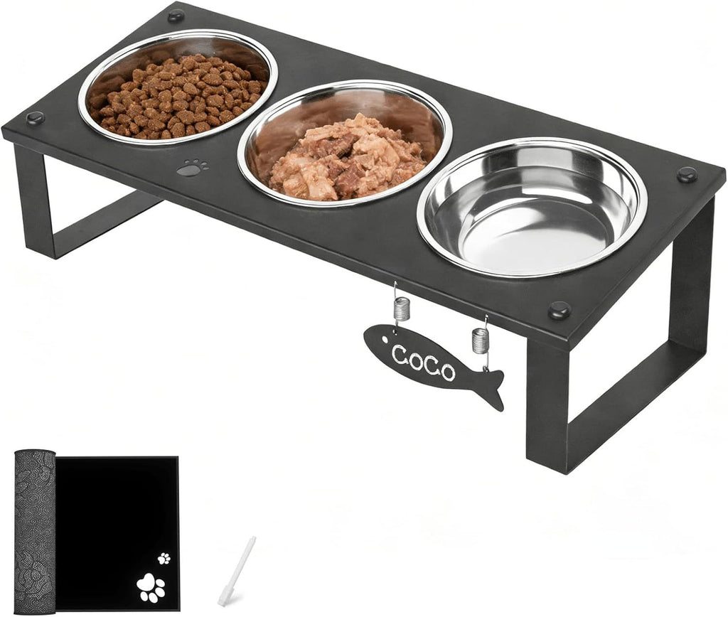 Elevated Cat Bowls with Splash Proof Mat for Kitten Puppy, 10° Tilted Raised Cat Bowl Stand Anti-Vomiting, 2 Wide Shallow Stainless Steel Bowls, Whisker Friendly, 3.5" Tall