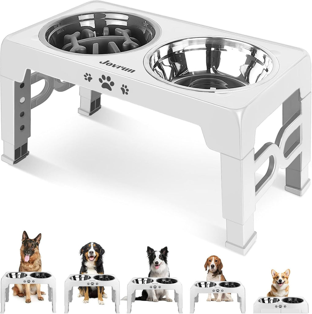 Elevated Dog Bowls for Small Dogs and Cats with Mat, Non-Slip Cat Bowls with 2 Thick 5.5" Stainless Steel Dishes, Dog Feeder 2 Heights Adjustable to 2.6"-5.3"