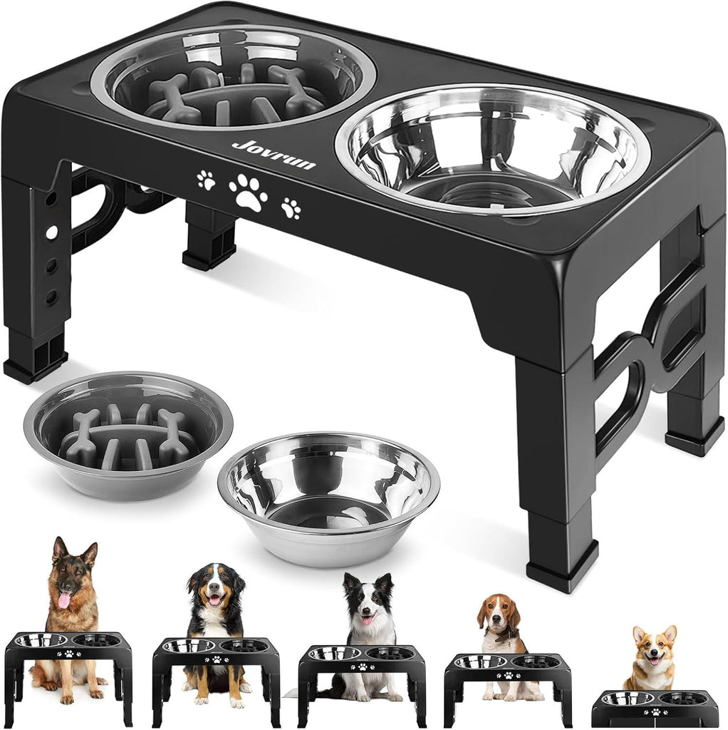 Elevated Dog Bowls for Small Dogs and Cats with Mat, Non-Slip Cat Bowls with 2 Thick 5.5" Stainless Steel Dishes, Dog Feeder 2 Heights Adjustable to 2.6"-5.3"