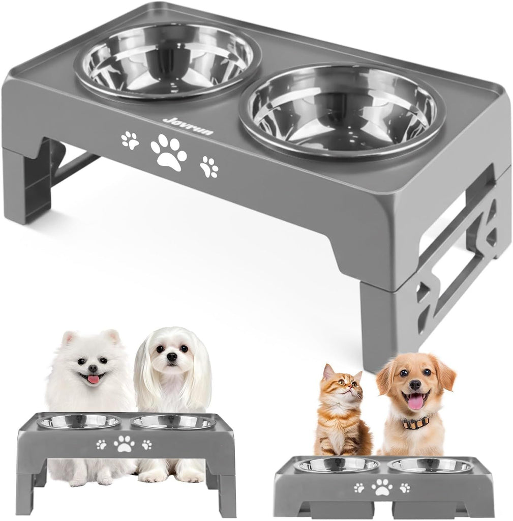 Elevated Dog Bowls for Small Dogs and Cats with Mat, Non-Slip Cat Bowls with 2 Thick 5.5" Stainless Steel Dishes, Dog Feeder 2 Heights Adjustable to 2.6"-5.3"