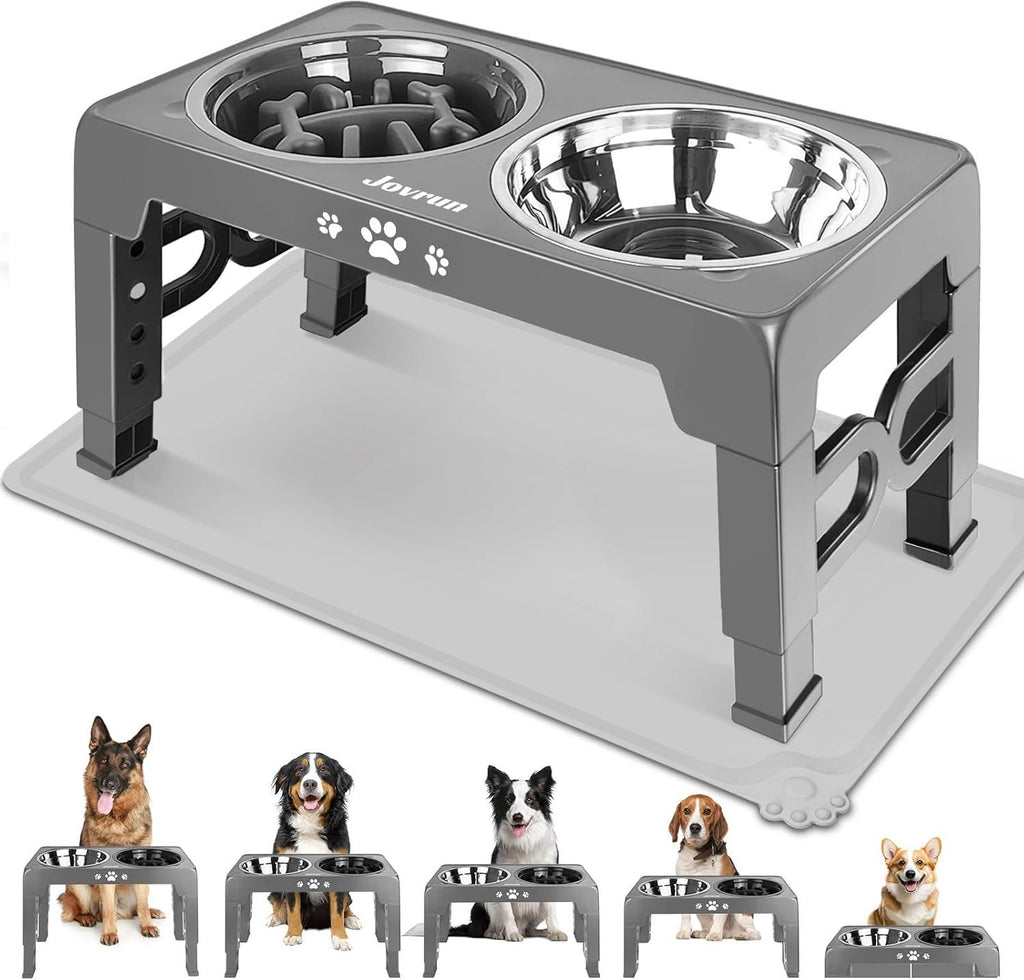 Elevated Dog Bowls for Small Dogs and Cats with Mat, Non-Slip Cat Bowls with 2 Thick 5.5" Stainless Steel Dishes, Dog Feeder 2 Heights Adjustable to 2.6"-5.3"