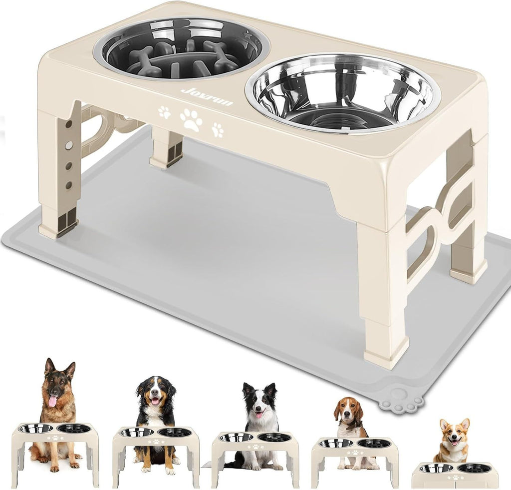 Elevated Dog Bowls for Small Dogs and Cats with Mat, Non-Slip Cat Bowls with 2 Thick 5.5" Stainless Steel Dishes, Dog Feeder 2 Heights Adjustable to 2.6"-5.3"