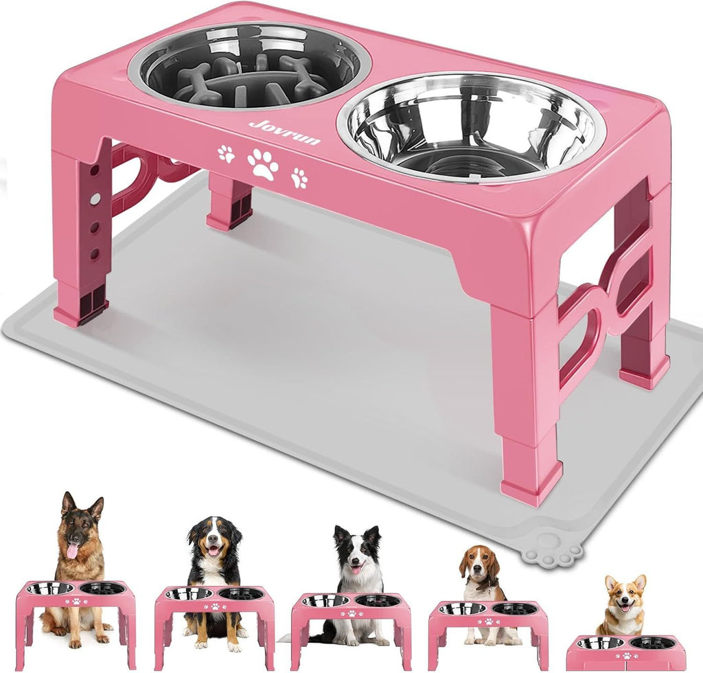 Elevated Dog Bowls for Small Dogs and Cats with Mat, Non-Slip Cat Bowls with 2 Thick 5.5" Stainless Steel Dishes, Dog Feeder 2 Heights Adjustable to 2.6"-5.3"