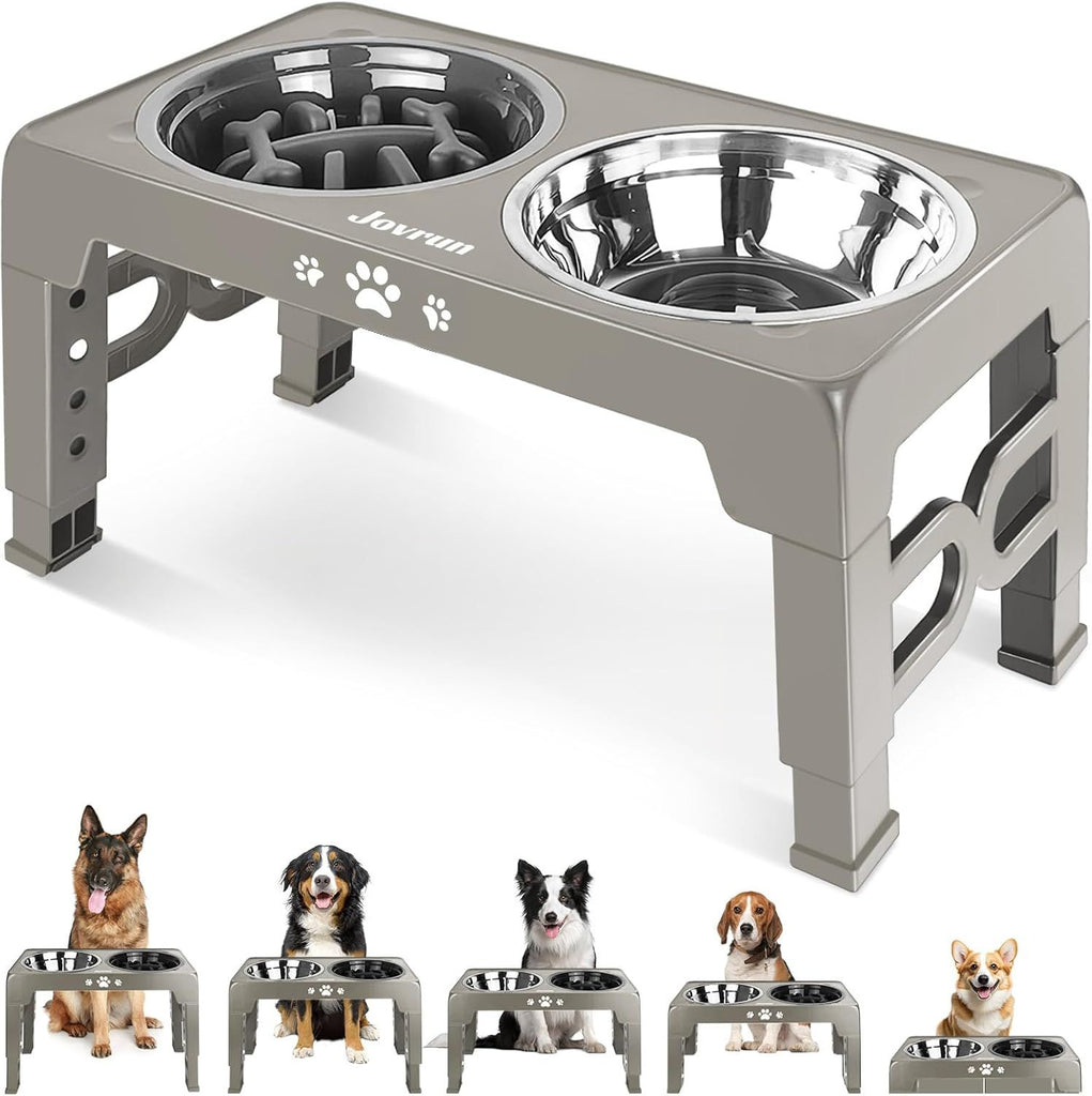 Elevated Dog Bowls for Small Dogs and Cats with Mat, Non-Slip Cat Bowls with 2 Thick 5.5" Stainless Steel Dishes, Dog Feeder 2 Heights Adjustable to 2.6"-5.3"