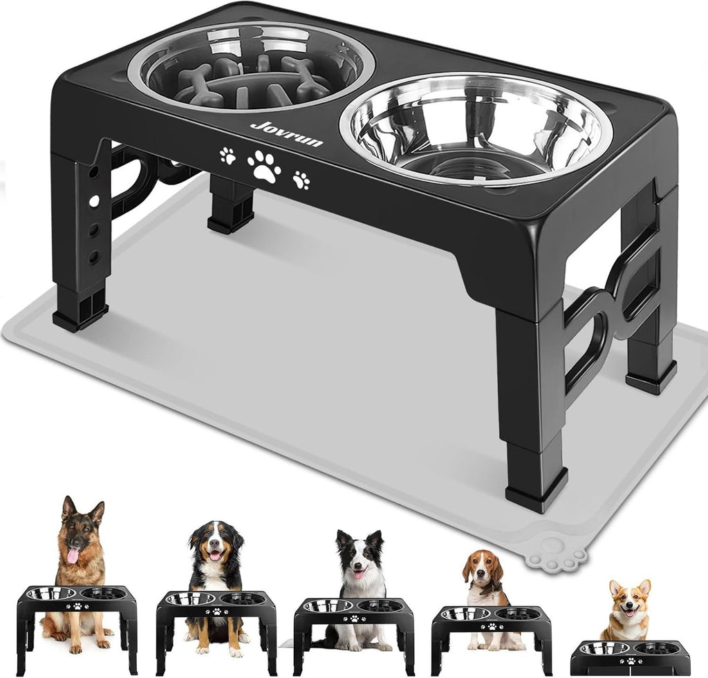 Elevated Dog Bowls for Small Dogs and Cats with Mat, Non-Slip Cat Bowls with 2 Thick 5.5" Stainless Steel Dishes, Dog Feeder 2 Heights Adjustable to 2.6"-5.3"