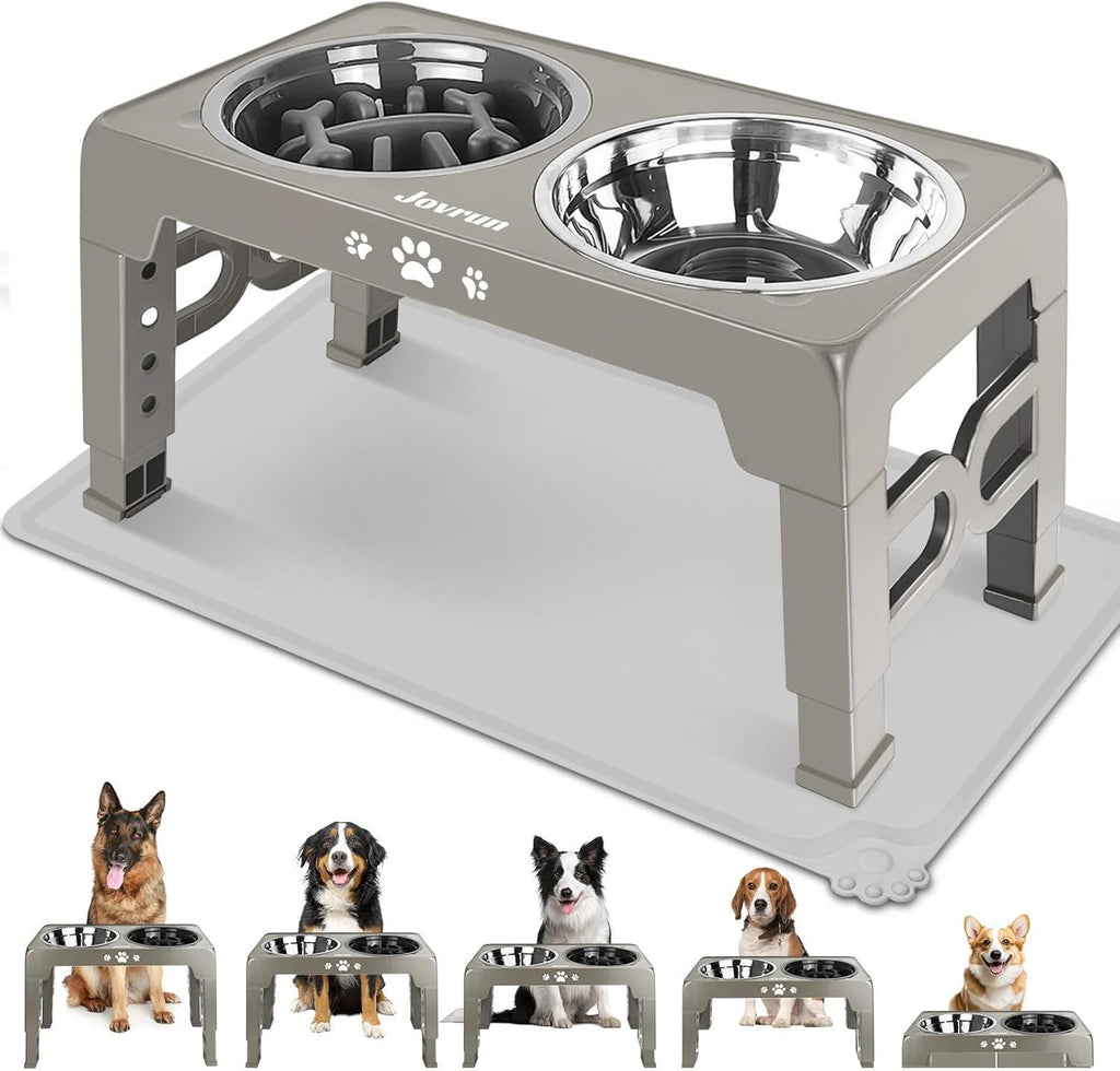 Elevated Dog Bowls for Small Dogs and Cats with Mat, Non-Slip Cat Bowls with 2 Thick 5.5" Stainless Steel Dishes, Dog Feeder 2 Heights Adjustable to 2.6"-5.3"
