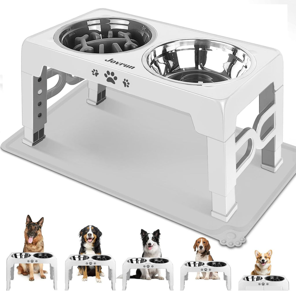Elevated Dog Bowls for Small Dogs and Cats with Mat, Non-Slip Cat Bowls with 2 Thick 5.5" Stainless Steel Dishes, Dog Feeder 2 Heights Adjustable to 2.6"-5.3"