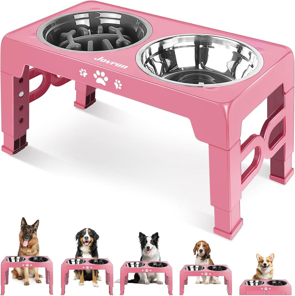 Elevated Dog Bowls for Small Dogs and Cats with Mat, Non-Slip Cat Bowls with 2 Thick 5.5" Stainless Steel Dishes, Dog Feeder 2 Heights Adjustable to 2.6"-5.3"