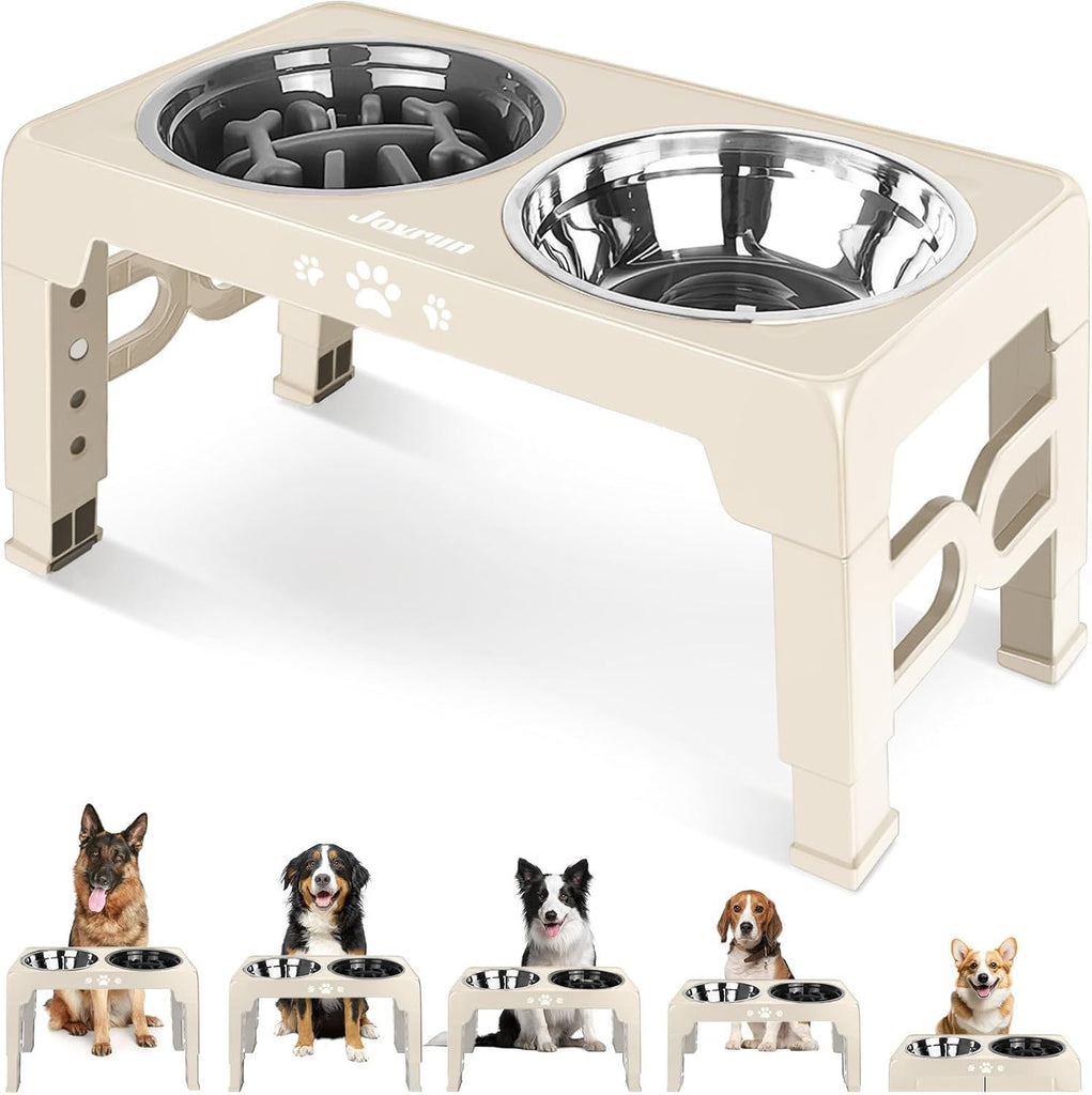 Elevated Dog Bowls for Small Dogs and Cats with Mat, Non-Slip Cat Bowls with 2 Thick 5.5" Stainless Steel Dishes, Dog Feeder 2 Heights Adjustable to 2.6"-5.3"