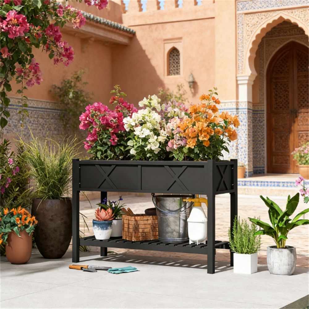 Elevated garden bed, elevated wooden flower pot box, planting box, black
