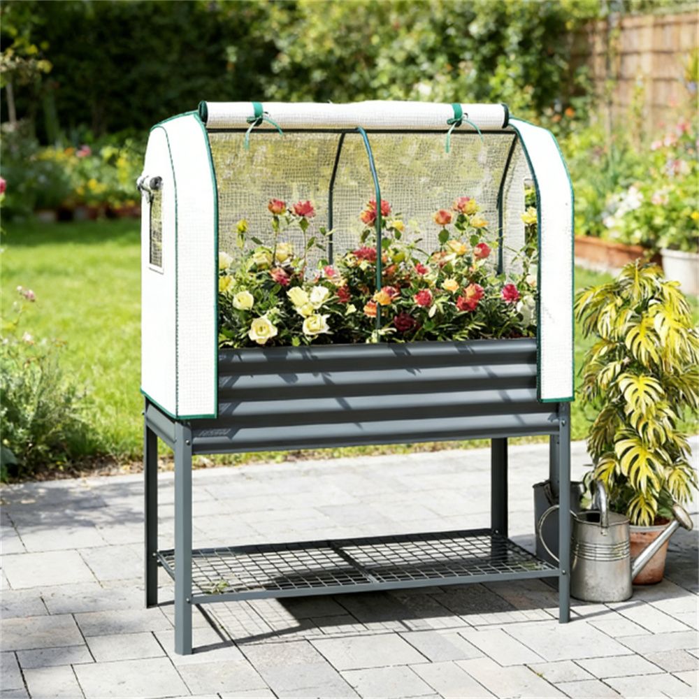 Elevated garden bed, greenhouse, dark gray