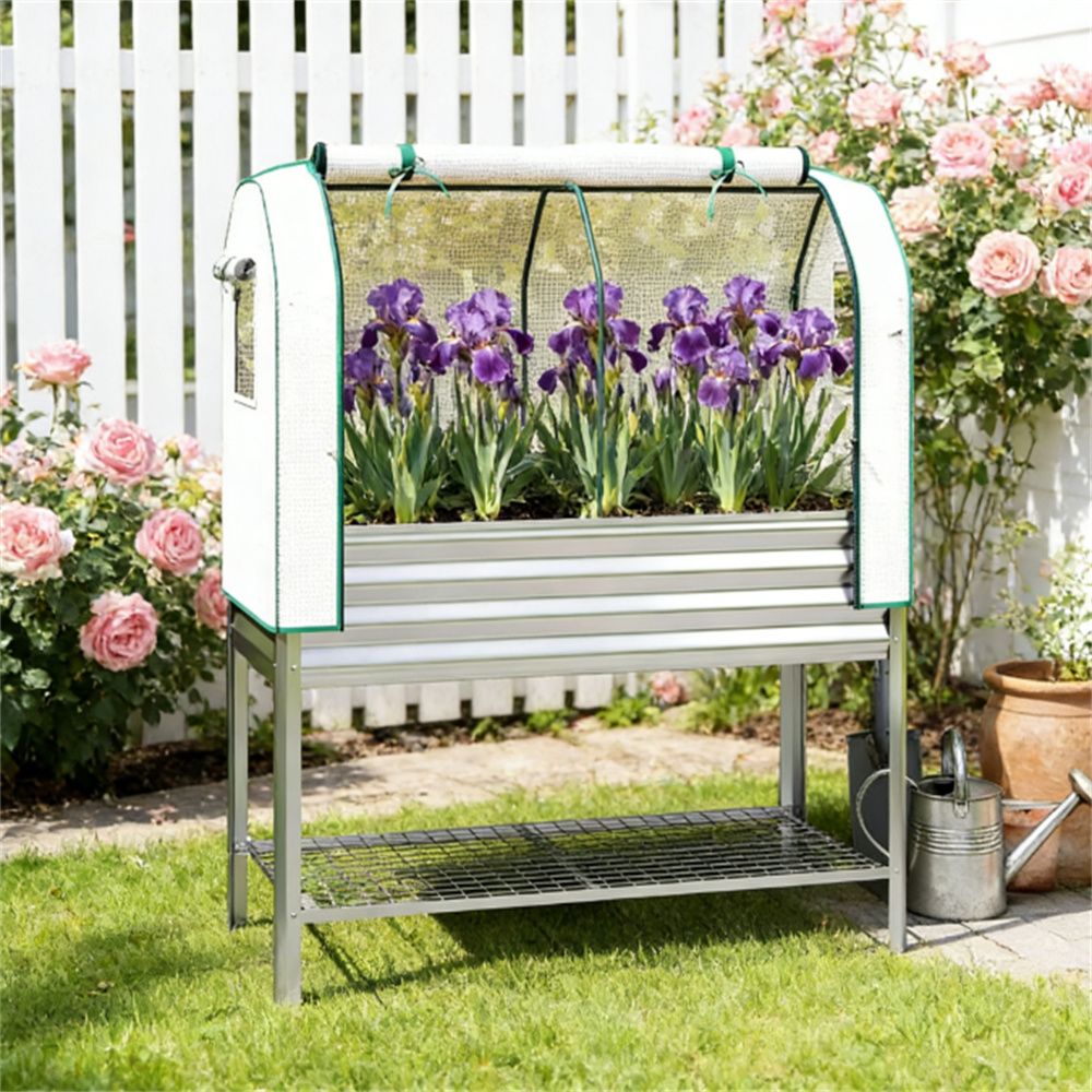 Elevated garden bed, greenhouse, suitable for planting, silver