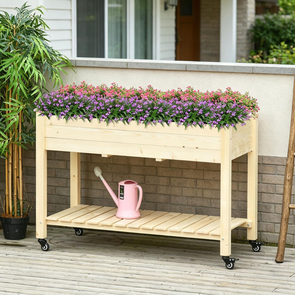 Elevated Wooden Raised Garden Bed 47" X 22" X 33" with Lockable Wheels Storage Shelf And Bed Liner for Backyard Patio Natural