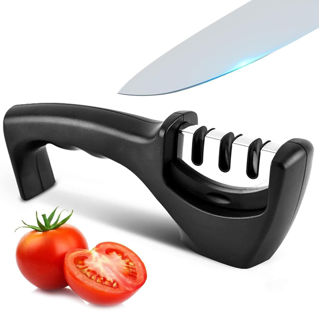 Elite Kitchen Knife Sharpener with 3 Stages, Professional Manual Blade Sharpening System, Ceramic Stone, Tungsten Carbide Plates, Diamond rods, Ergonomic Handle, Non-Slip Base, Stylish Black