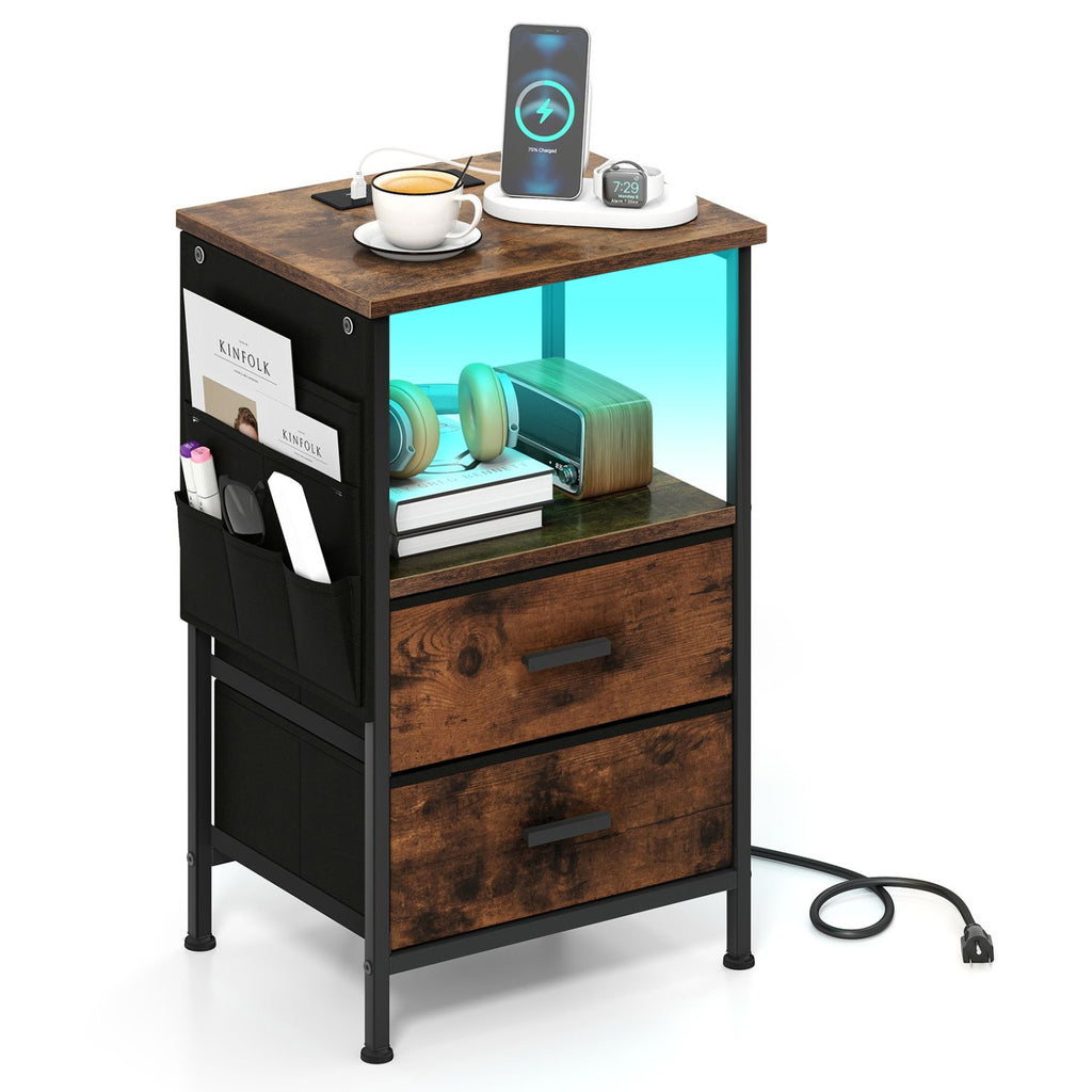 End Table with Charging Station Set of 1/2 Nightstand with 2 Folding Fabric Drawers