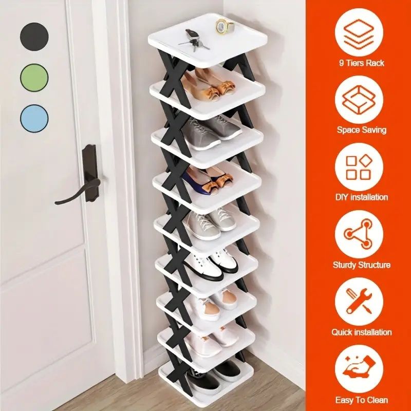 Entrance high and narrow shoe rack, 9-layer shoe rack can put 9 pairs of shoes, space-saving vertical shoe rack, plastic stackable shoe rack, suitable for wardrobe, corridor, bathroom, dormitory