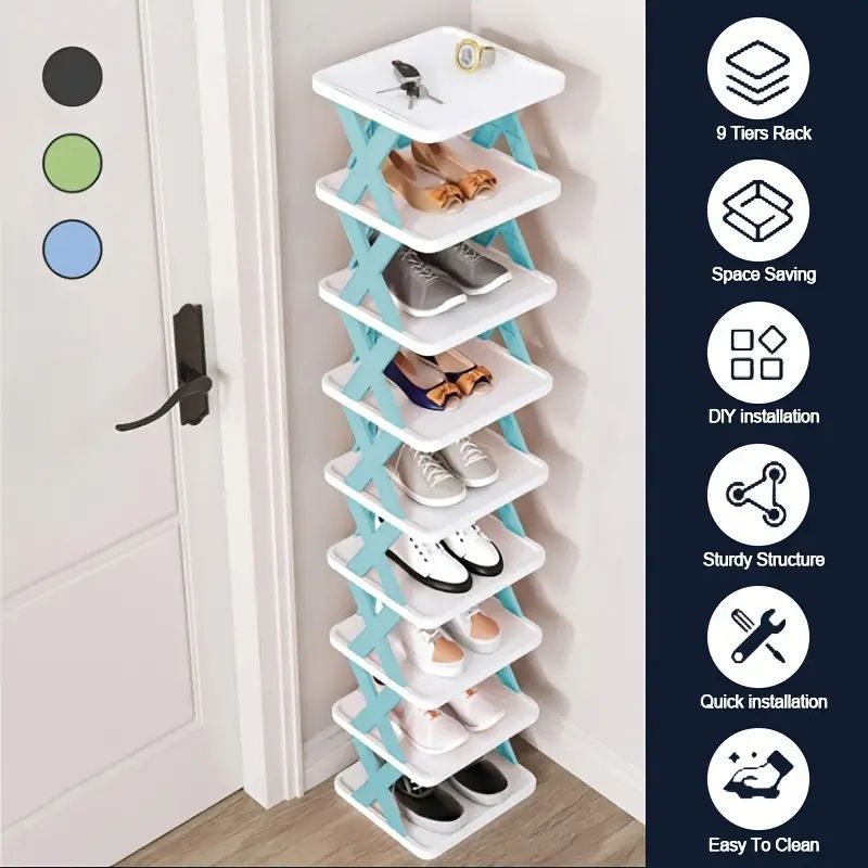 Entrance high and narrow shoe rack, 9-layer shoe rack can put 9 pairs of shoes, space-saving vertical shoe rack, plastic stackable shoe rack, suitable for wardrobe, corridor, bathroom, dormitory, Chri