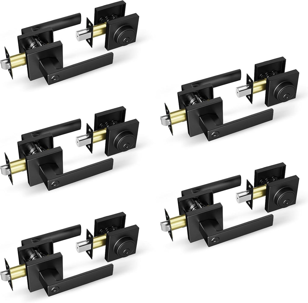 Entry Lever Door Locks with Deadbolt - Modern Square Exterior Front Door Handle and Single Cylinder Deadbolt(Matte Black,5pack-Set)