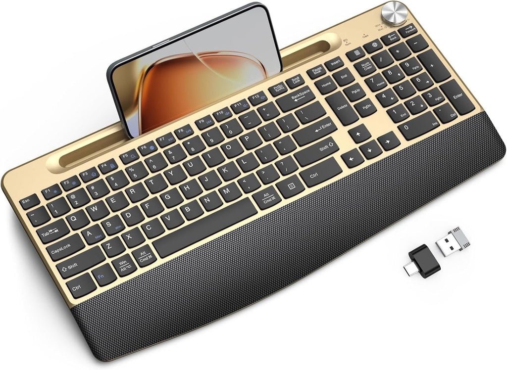 Ergonomic Wireless Keyboard with Wrist Rest-Low-Profile Phone/Tablet Holder Quiet Design Windows & Mac OS Full Size Cordless USB Computer Keyboard for Desktop,Laptop, PC, Mac, Windows-Gold