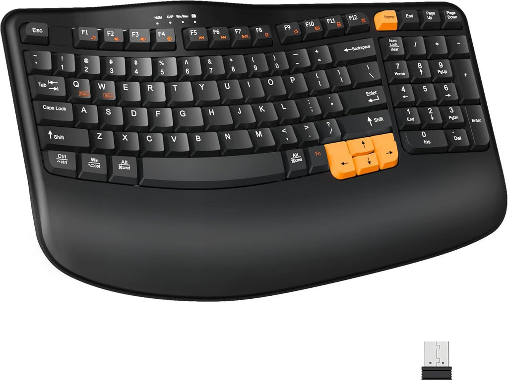 Ergonomic Wireless Keyboard with Wrist Rest, Wave Keys for Comfortable Natural Typing, 2.4GHz Ergo Wireless Computer Keyboard for Windows, Mac OS Laptop/PC/Notebook Black Orange