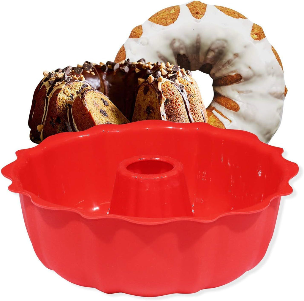 European Grade Top-Level Silicone Cake Mold, Non Stick 9 inch Fluted Tube Cake Pan for Bakeware for Cake, Jello, Gelatin, Bread, Monkey Bread, Brownie, Round baking pan, BPA Free Bakeware