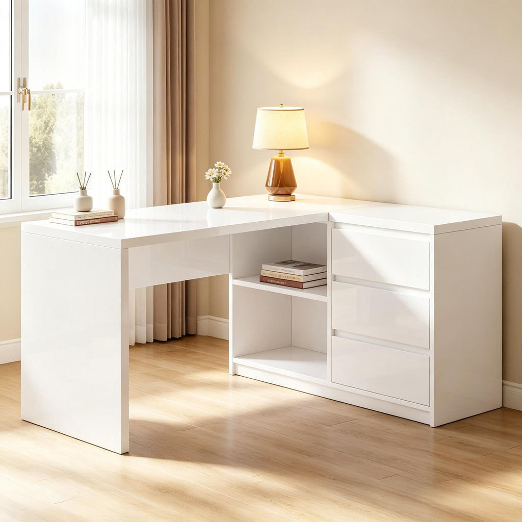 Executive Computer Desk with LED Lights L-Shaped Desk with 3 Drawers 55" Modern Home Office Desk with Storage