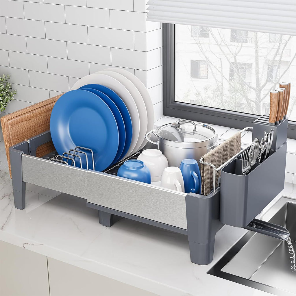 Expandable Dish Drying Rack, Stainless Steel Dish Rack with Aluminum Frame, Dish Drainer for Kitchen Counter, Space Saving Kitchen Drying Rack with Movable Utensil Holder, Gray